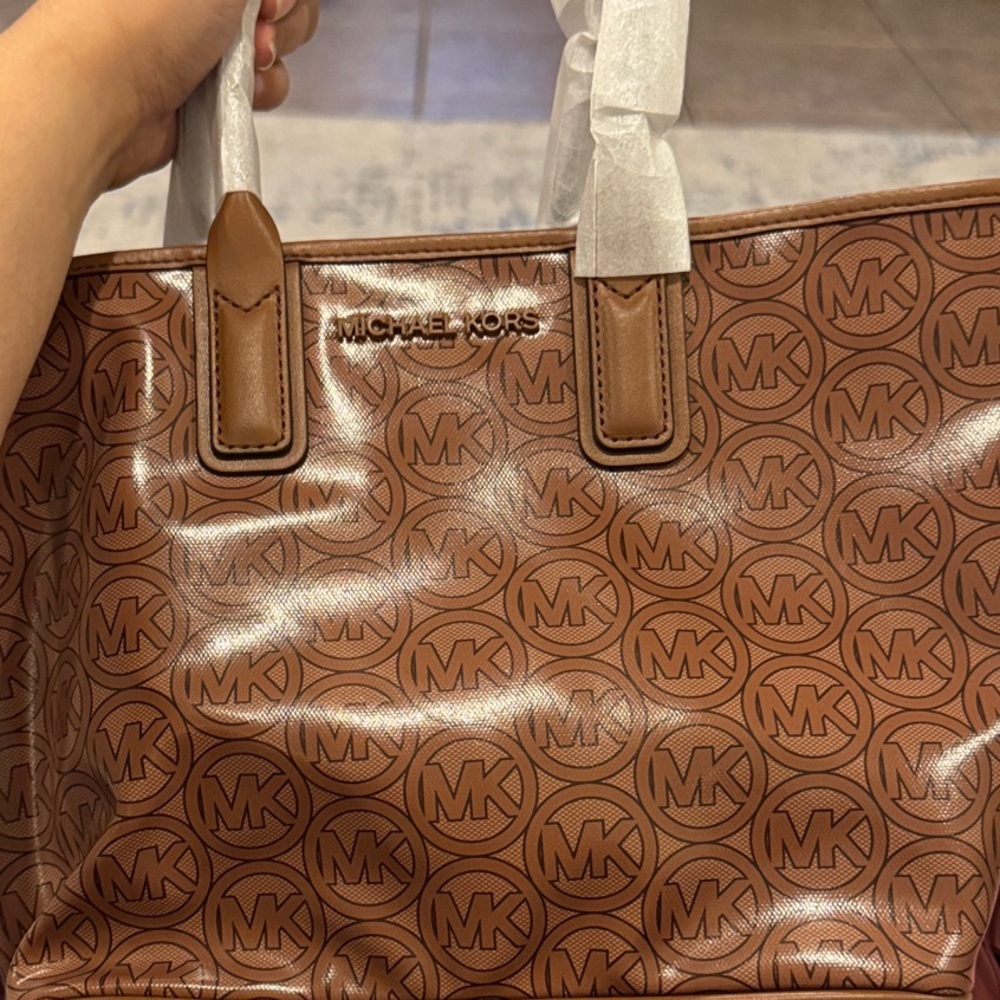 Michael Kors Tan Jodie small MK Logo Jacquard Tote in Luggage Style - Picture 6 of 6